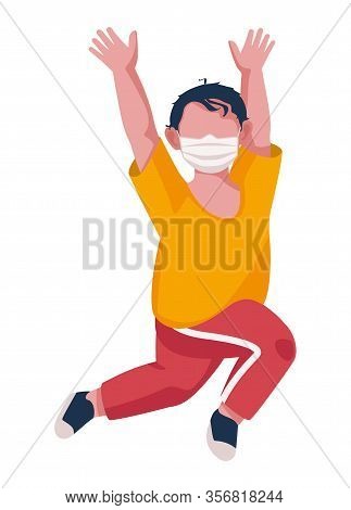 The Boy In The Medical Mask Is Praying. Vector Illustration On White Background