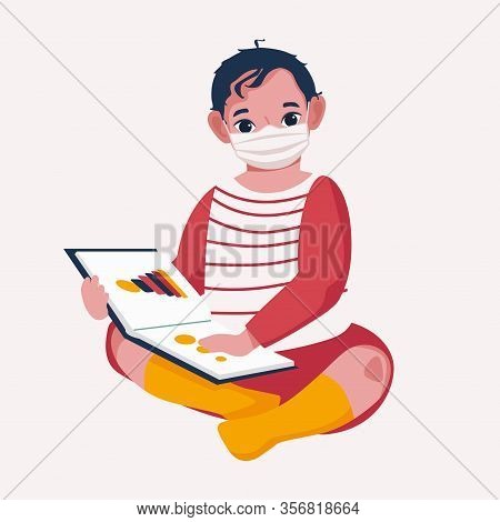 The Kid With The Book In The Medical Mask. Stylized Vector Illustration.