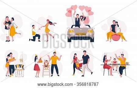 A Set Of Family Scenes. The Life Of A Young Family In Vector Illustrations On A White Background