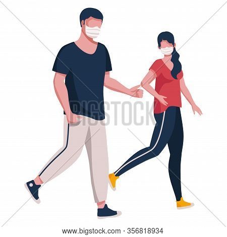Man And Woman Go Together In Medical Masks. Vector Illustration On White Background