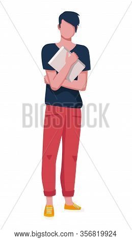 A Thoughtful Teenage Boy Standing With A Book. A Young Student On The Day Of Class. 
Vector Illustra