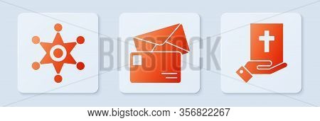 Set Envelope, Hexagram Sheriff And Oath On The Holy Bible. White Square Button. Vector