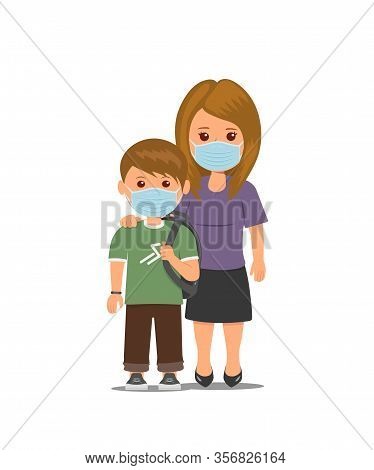 Mother And Child In Medical Masks. Concept Stop The Spread Of Viruses. Coronavirus Quarantine. Isola
