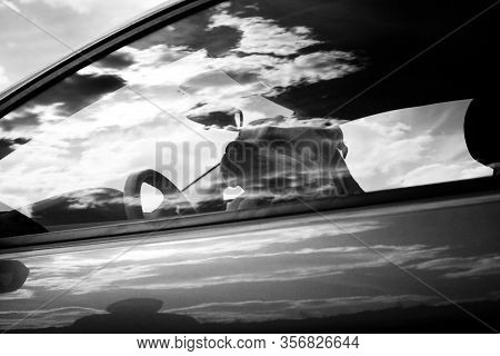 Black And White Photo Of Cadebo Breed Dogs In A Car With Sky Reflection