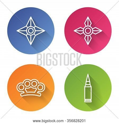 Set Line Japanese Ninja Shuriken, Japanese Ninja Shuriken, Brass Knuckles And Bullet. Color Circle B