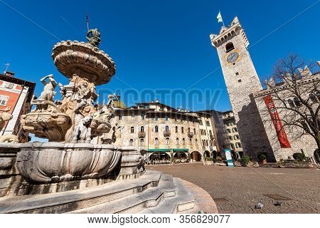 Trento, Trentino Alto Adige, Italy - March 8th, 2020: Piazza Del Duomo, Cathedral Square In Trento C