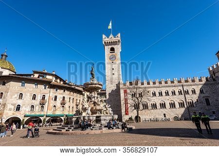 Trento, Trentino Alto Adige, Italy - March 8th, 2020: Piazza Del Duomo, Cathedral Square In Trento C