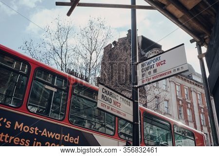 London,uk-march 06,2020:street Name Signs On Corner Of Charing Cross Road And Newport Court, City Of