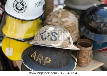 London, United Kingdom- June 2019: Military Worn Helmets From The Second World War.