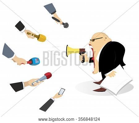 Emotional Newsperson, Megaphone And Hands With Microphones Illustration. Politician Or Businessman W