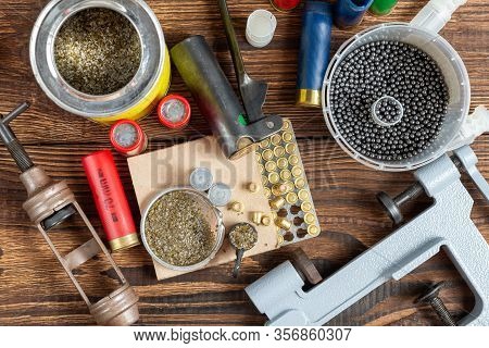 Shotgun Shells Reloading Process With Special Reload Equipment. Powder, Bullets, Fraction, Shells, B