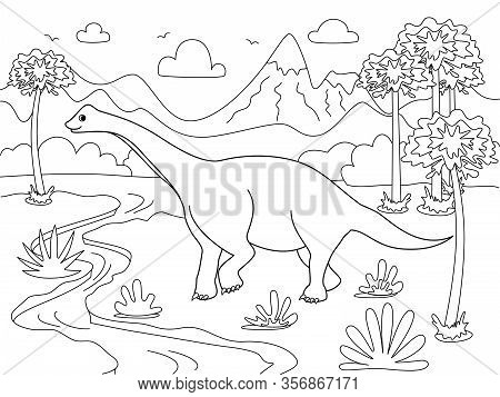 Diplodocus Animal. Children Coloring. Black Lines, White Background. Cartoon Raster