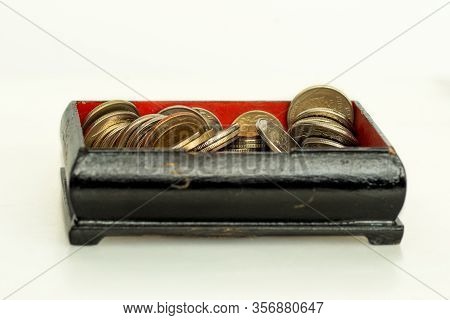 Trifle Russian Coins In A Black Casket Container, The Concept Of Coins Of Low Denomination, Savings,