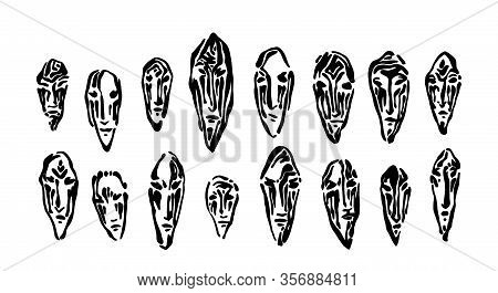 Ancient Stone Masks Set. Hand Drawn Face Prints Graphic Vector Illustration, Black Isolated On White