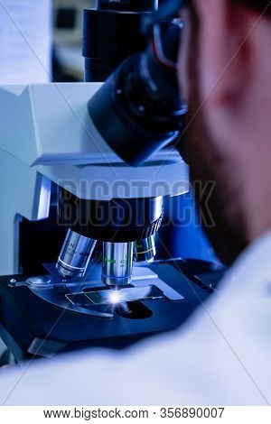 Scientific Handling A Light Microscope Examines A Laboratory Sample For Pharmaceutical Bioscience Re