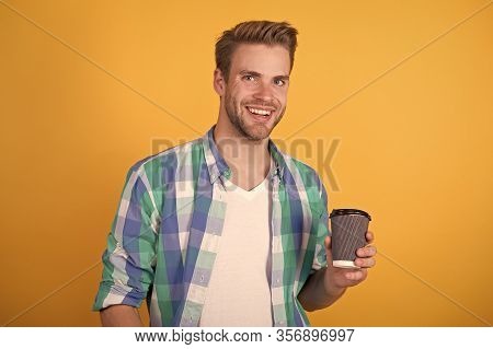 Hospitable Barista Offer You Beverage. Drink For Inspiration. Handsome Man Drink Coffee To Go Paper 