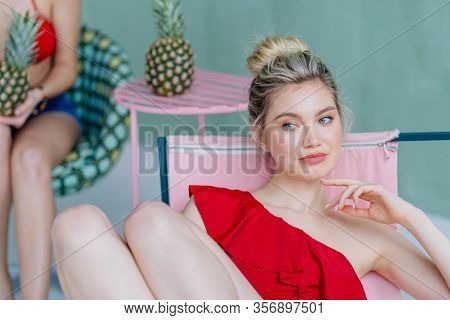 Portrait Of Beautiful Blond Feminine Sad At The Party.