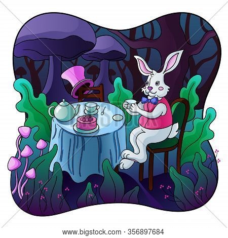 Cartoon Llustration Of White Rabbit Sitting At The Table 
And Drinking Tea In Fantastic Forest. 
Vec