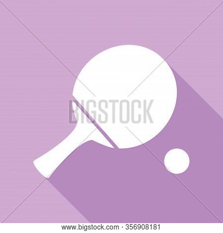 Ping Pong Paddle With Ball. White Icon With Long Shadow At Purple Background. Illustration.