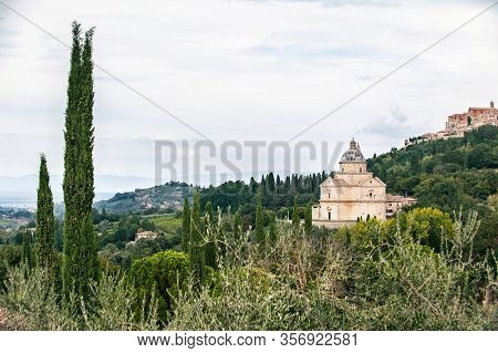 Chiesa Di San Biagio Church In Montepulciano , Italy. Panoramic View Of The Tuscan Hills Overlooking