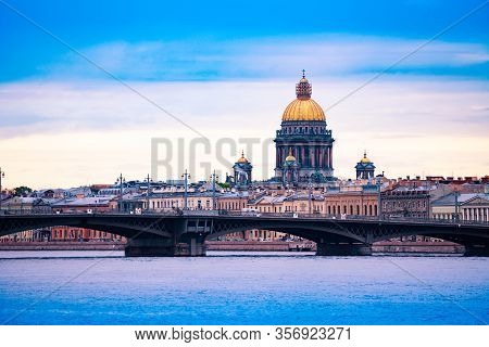 St. Isaacs Cathedral Over Neva River Blagoveshchenskiy Bridge, Saint Petersburg, Russia