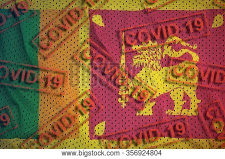 Sri Lanka Flag And Many Red Covid-19 Stamps. Coronavirus Or 2019-ncov Virus Concept