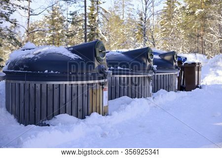 Bins In Winter For Recycled Rubbish, Idre In Sweden.