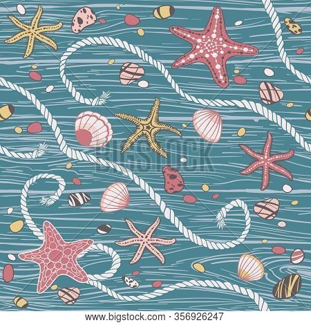 Hand Drawn Seastars, Rope, Seastones And Seashells On Wooden Background. Hand Whritten Summer Letter