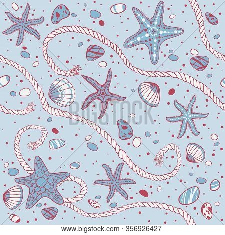 Hand Drawn Seastars, Rope, Seastones And Seashells On Wooden Background. Hand Whritten Summer Letter