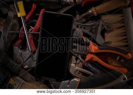Collection Leather Toolbelt Hard Hat On Wooden Board Maintenance Concept, On Top Is A Smartphone Too