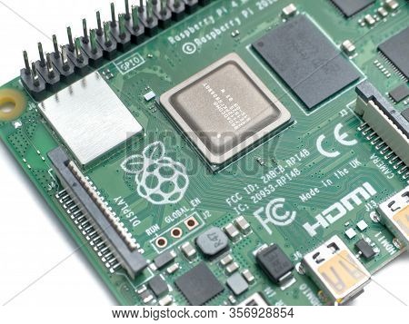 Galati, Romania - March 20, 2020: Close-up Of A Raspberry Pi 4 Model-b. The Raspberry Pi Is A Credit