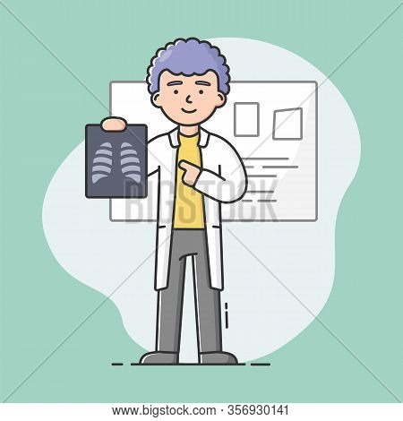Concept Of Medical Staff. Attractive Radiologist Doctor In Uniform With Chest X Ray. Medical Staff, 