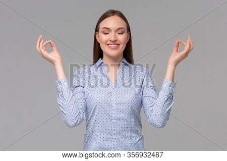 Girl With Braces Feels Peace Patience. Attractive Carefree Relaxed Happy Young Woman Close Eyes Smil