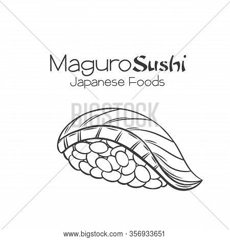 Maguro Sushi Outline. Japanese Traditional Food Icon With Tuna Fish Fillets. Isolated Hand Drawn Sea