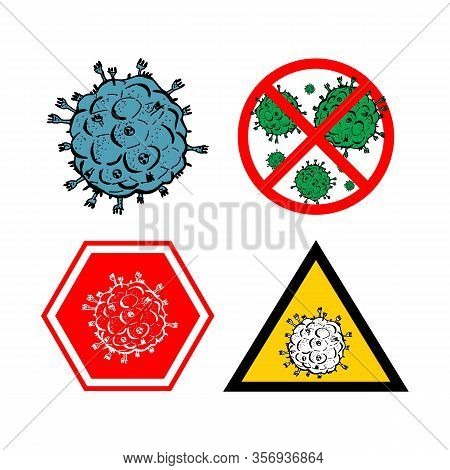 Set Of 4 2019-ncov Bacteria Isolated On White Background. Few Coronavirus In Red Circle Vector Icon.