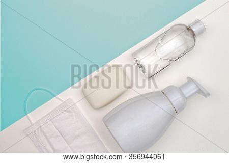 Bottle Of Antibacterial Soap And Bottle Antibacterial Gel For Hands, Bar Of Soap, Madical Mask. Flat