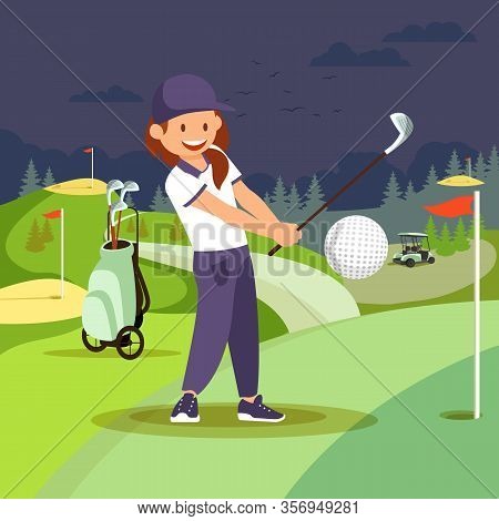 Young Smiling Woman Wearing Sport Uniform And Cap Shooting Ball With Golf Club At Night Time. Girl P