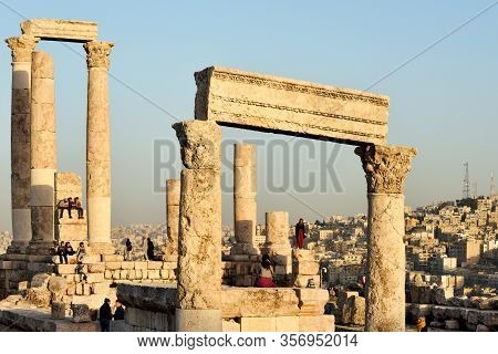 Amman, Jordan - February 15, 2020. Unidentified People At Sunset In Amman Citadel, Jordan. The Amman