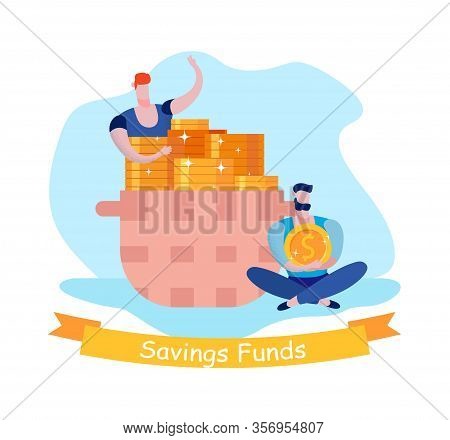 Beard Men With Basket Coins. Savings Funds. Profit From Selling Products. Advertising Image With Tex