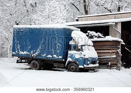 Nydek, Czechia - December 29, 2017: The Wreck Of Very Old Blue Avia A30 / A31 Truck  In A Snowy Weat