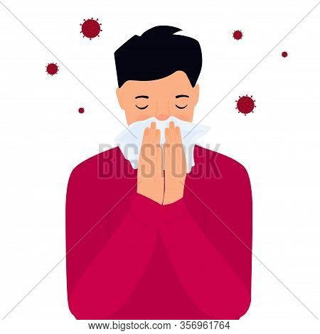 Covid-19. Coronavirus Symptoms. The Boy Is Coughing Behind A Napkin. Runny Nose
