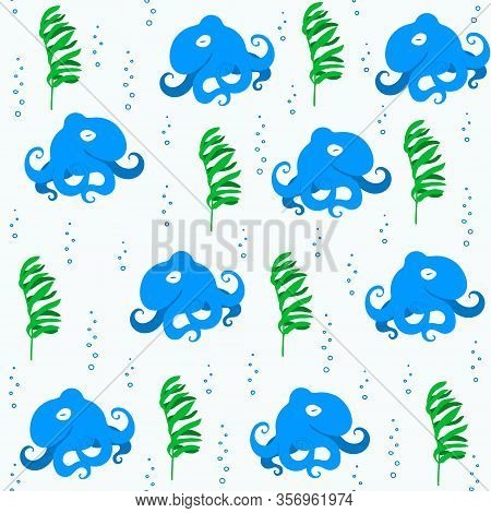 Seamless Pattern With Blue Octopuses, Seaweed And Air Bubbles. Hand Drawn Flat Cartoon Backdrop For 