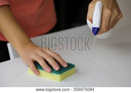 Covid-19 Pandemic Close Up Woman Hands Disinfecting Cleaning Spraying Bottle Cleaner Wiping Down Tab