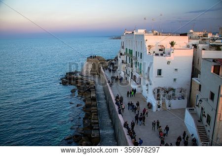 Monopoli, Italy - April 23, 2017: Embankment Of Monopoli Town, View From Castle Of Carlo V, Puglia A