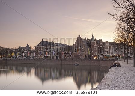 The Hague - February 17 2019: The Hague, The Neherlands. A Cozy Street With Cafes In The Center Of T