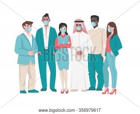 People In Medical Mask. Cartoon Diverse Characters In Medical Face Masks, Coronavirus Prevention And