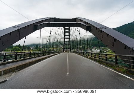 Bridge Steel Frame With Asphalt Road. River Bridge In Japanese Countryside. Kiso Valley, Japan