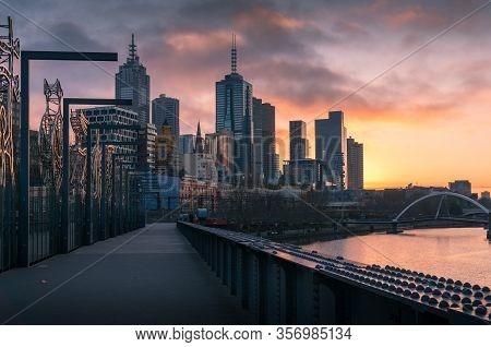Melbourne Cityscape At Sunrise With Melbourne Cbd Skyscrapers And Southbank Commercial Buildings