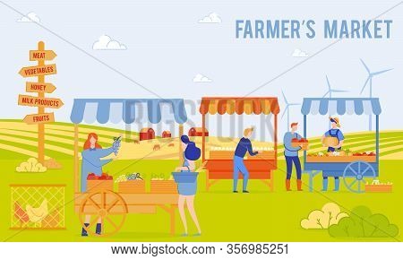 Vector Illustration, Is Written Fermers Market. Men And Women Sell Agricultural Products And Pets Ma