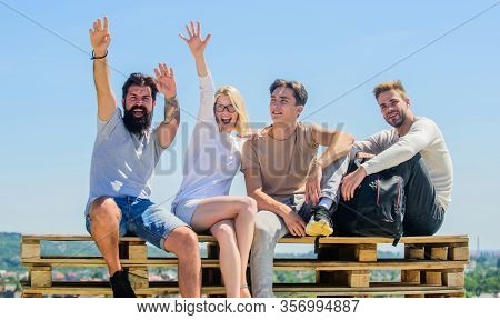 Hello There Concept. Men Woman Communicating Sky Background. Communicative Skills. Human Communicati